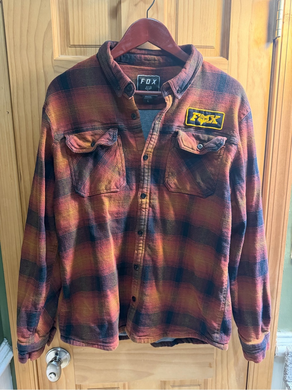 Fox Men's Orange and Black Plaid Button-Down Flannel Lined Shirt Jacket